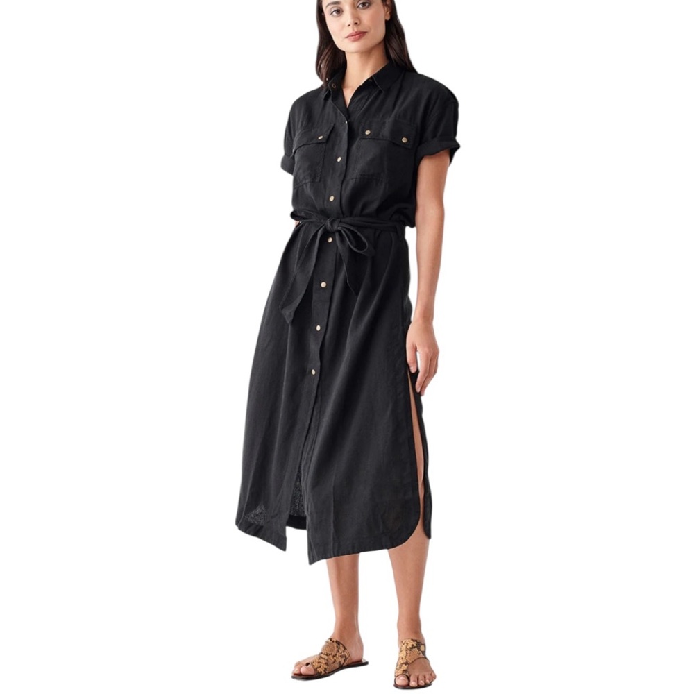 DL1961 Black Short Sleeve Belted Midi Dress Linen Blend Womens Small‎